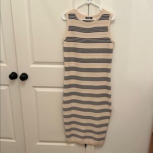 Theory Beige and Black Striped Midi Dress